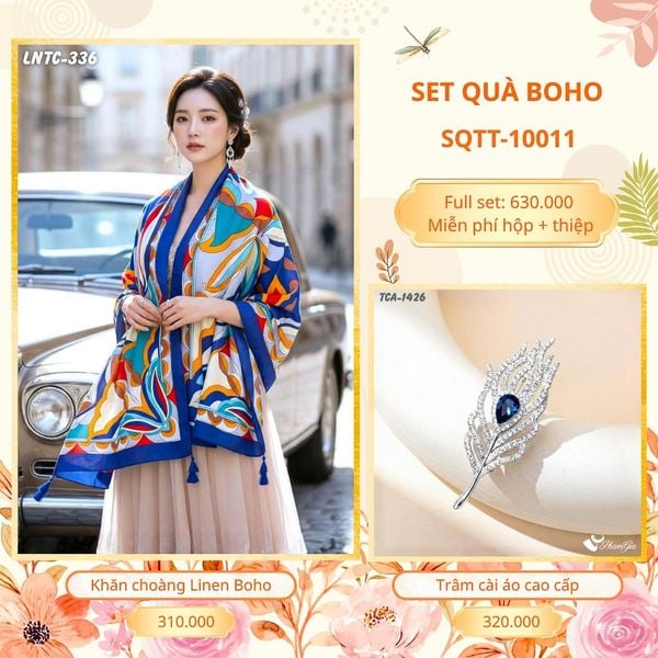 Set Quà Tặng Khăn Choàng Choàng Linen Và Trâm Cài Áo Boho (SQTT10011)
