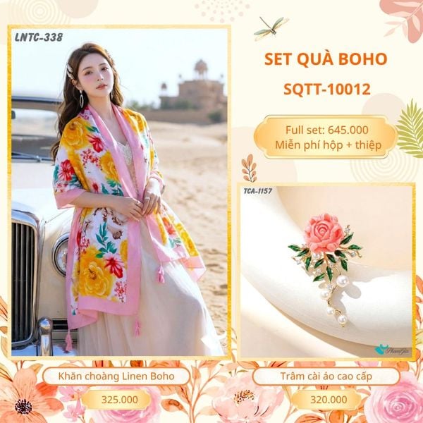 Set Quà Tặng Khăn Choàng Choàng Linen Và Trâm Cài Áo Boho (SQTT10012)