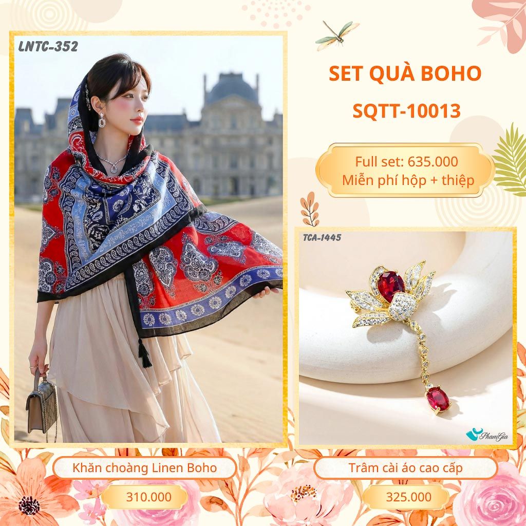 Set Quà Tặng Khăn Choàng Choàng Linen Và Trâm Cài Áo Boho (SQTT10013)