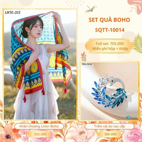 Set Quà Tặng Khăn Choàng Choàng Linen Và Trâm Cài Áo Boho (SQTT10014)