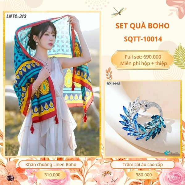 Set Quà Tặng Khăn Choàng Choàng Linen Và Trâm Cài Áo Boho (SQTT10014)