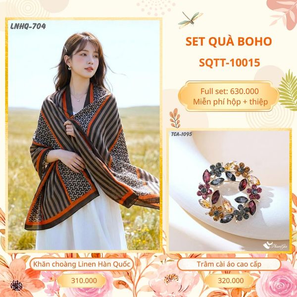 Set Quà Tặng Khăn Choàng Choàng Linen Và Trâm Cài Áo Boho (SQTT10015)