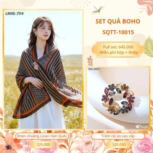Set Quà Tặng Khăn Choàng Choàng Linen Và Trâm Cài Áo Boho (SQTT10015)