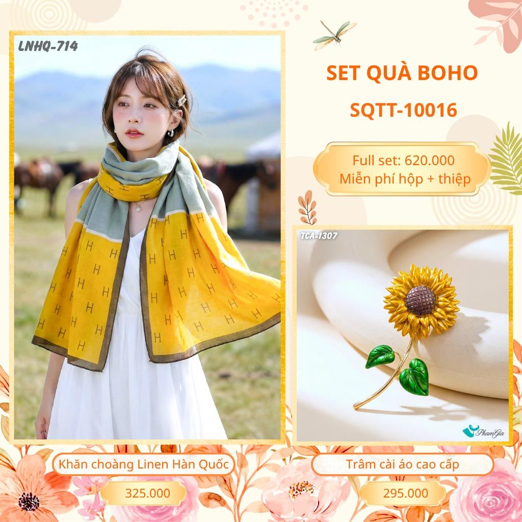 Set Quà Tặng Khăn Choàng Choàng Linen Và Trâm Cài Áo Boho (SQTT10016)