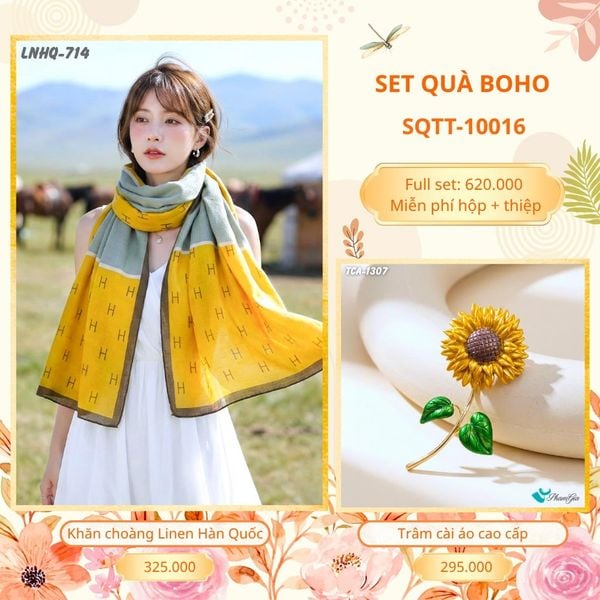 Set Quà Tặng Khăn Choàng Choàng Linen Và Trâm Cài Áo Boho (SQTT10016)