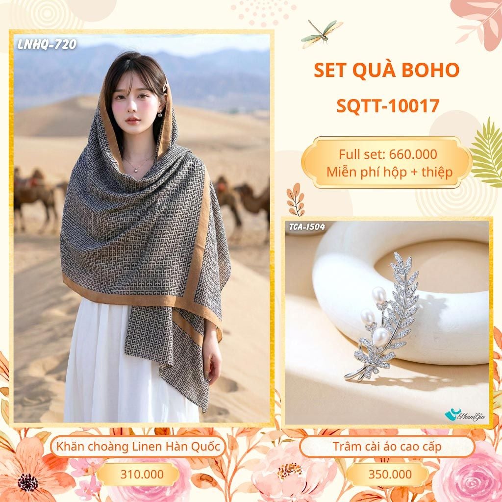 Set Quà Tặng Khăn Choàng Choàng Linen Và Trâm Cài Áo Boho (SQTT10017)