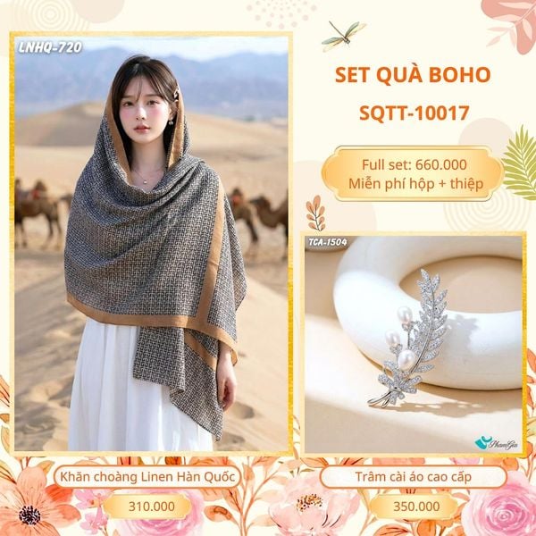 Set Quà Tặng Khăn Choàng Choàng Linen Và Trâm Cài Áo Boho (SQTT10017)
