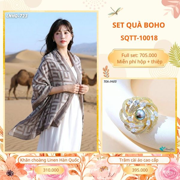Set Quà Tặng Khăn Choàng Choàng Linen Và Trâm Cài Áo Boho (SQTT10018)