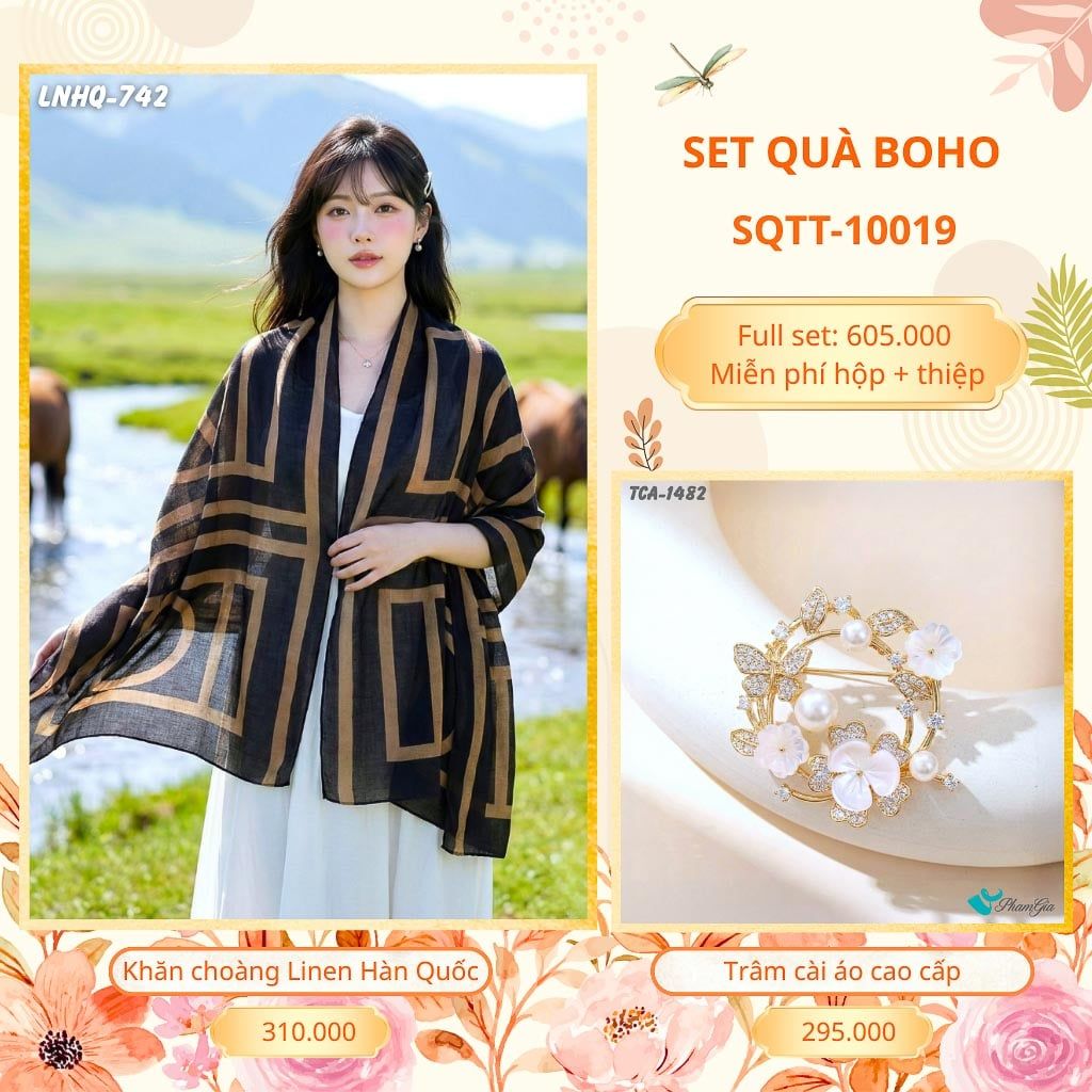 Set Quà Tặng Khăn Choàng Choàng Linen Và Trâm Cài Áo Boho (SQTT10019)