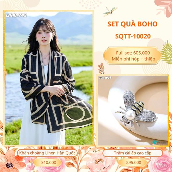 Set Quà Tặng Khăn Choàng Choàng Linen Và Trâm Cài Áo Boho (SQTT10020)