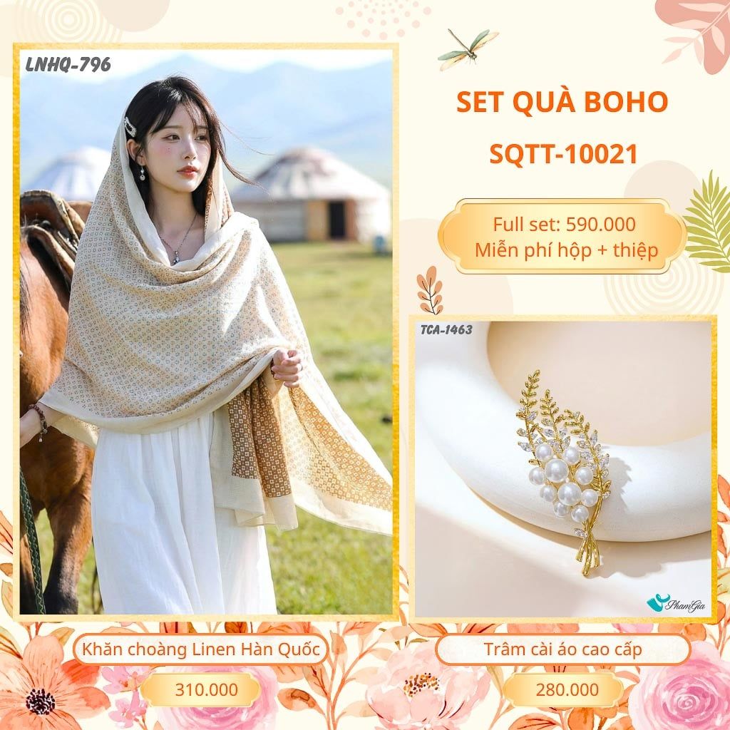 Set Quà Tặng Khăn Choàng Choàng Linen Và Trâm Cài Áo Boho (SQTT10021)