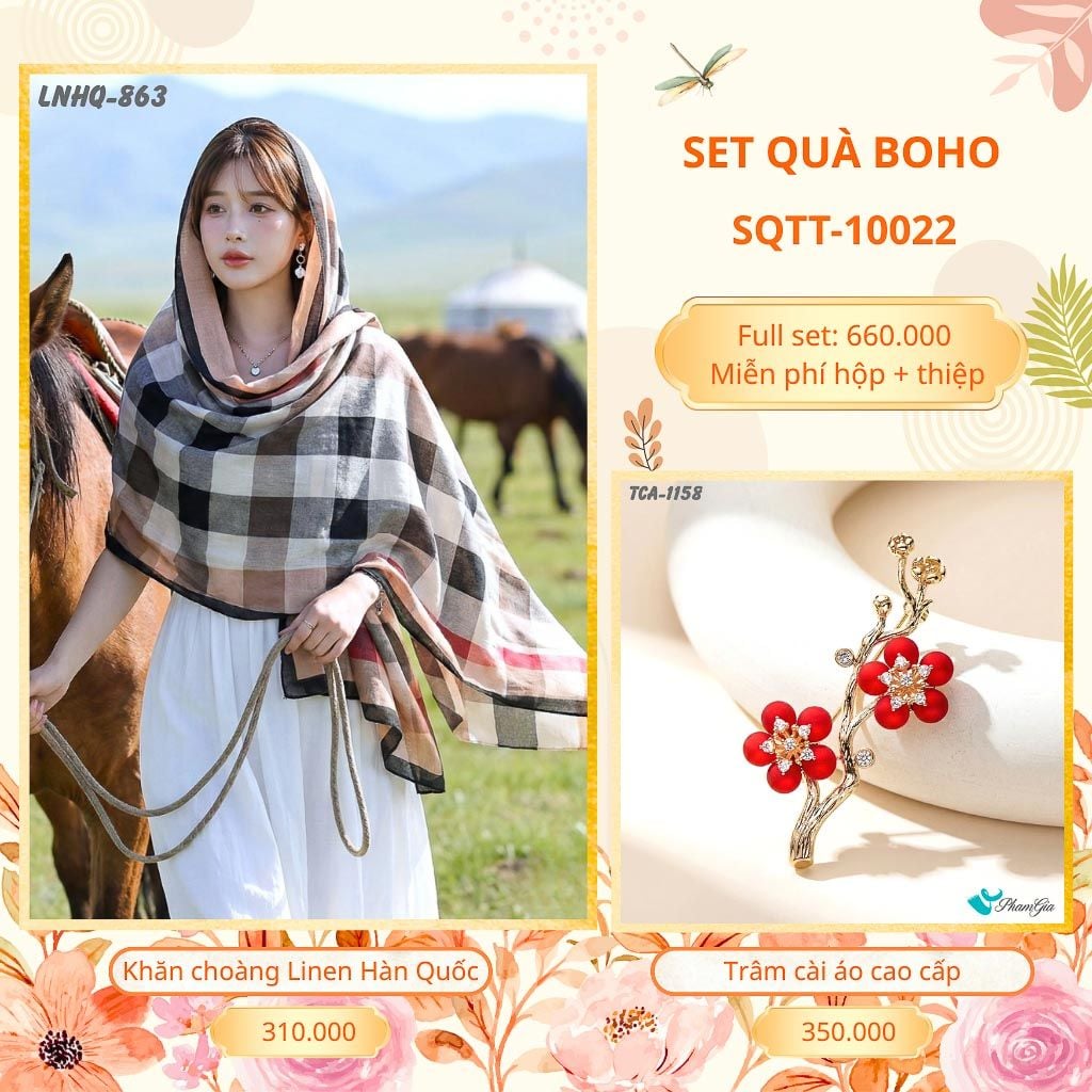 Set Quà Tặng Khăn Choàng Choàng Linen Và Trâm Cài Áo Boho (SQTT10022)