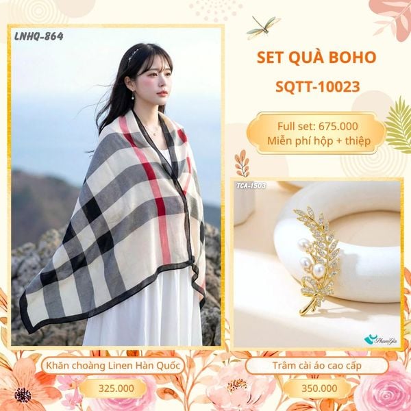 Set Quà Tặng Khăn Choàng Choàng Linen Và Trâm Cài Áo Boho (SQTT10022)