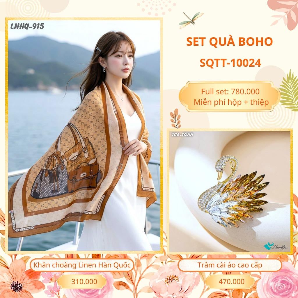 Set Quà Tặng Khăn Choàng Choàng Linen Và Trâm Cài Áo Boho (SQTT10024)