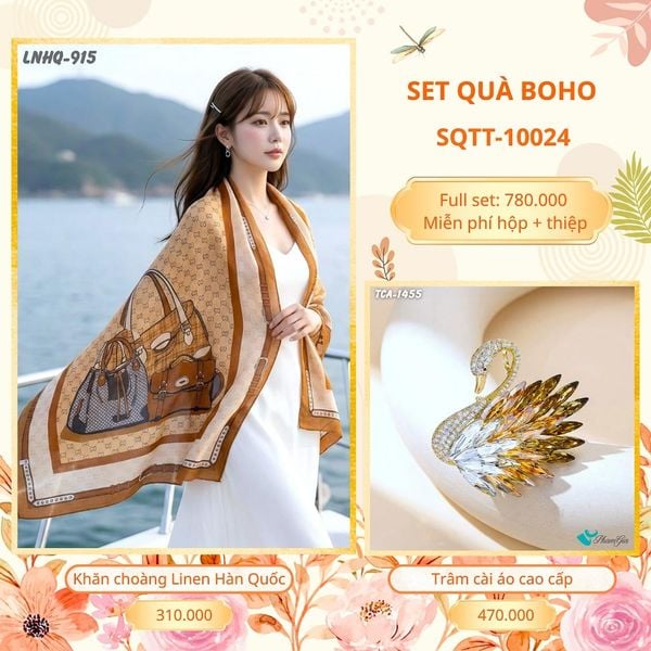 Set Quà Tặng Khăn Choàng Choàng Linen Và Trâm Cài Áo Boho (SQTT10024)
