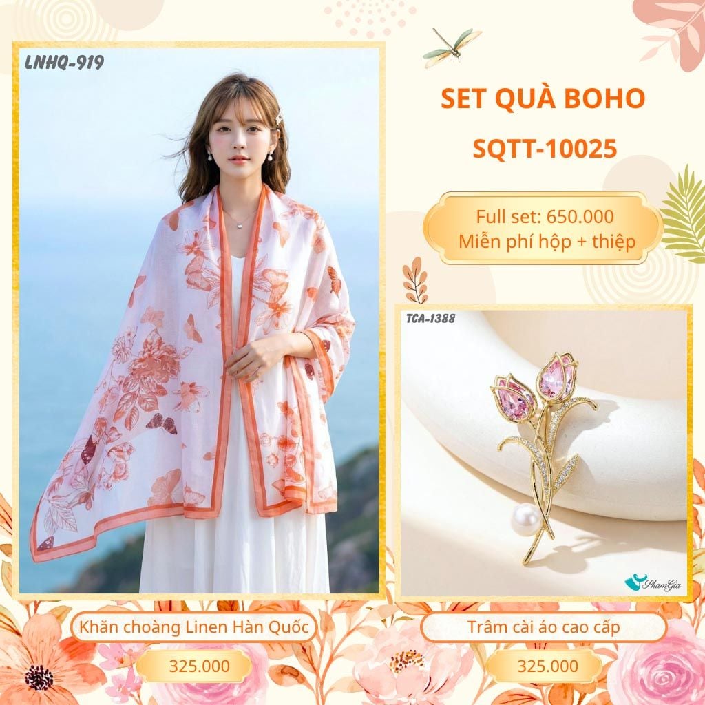 Set Quà Tặng Khăn Choàng Choàng Linen Và Trâm Cài Áo Boho (SQTT10025)