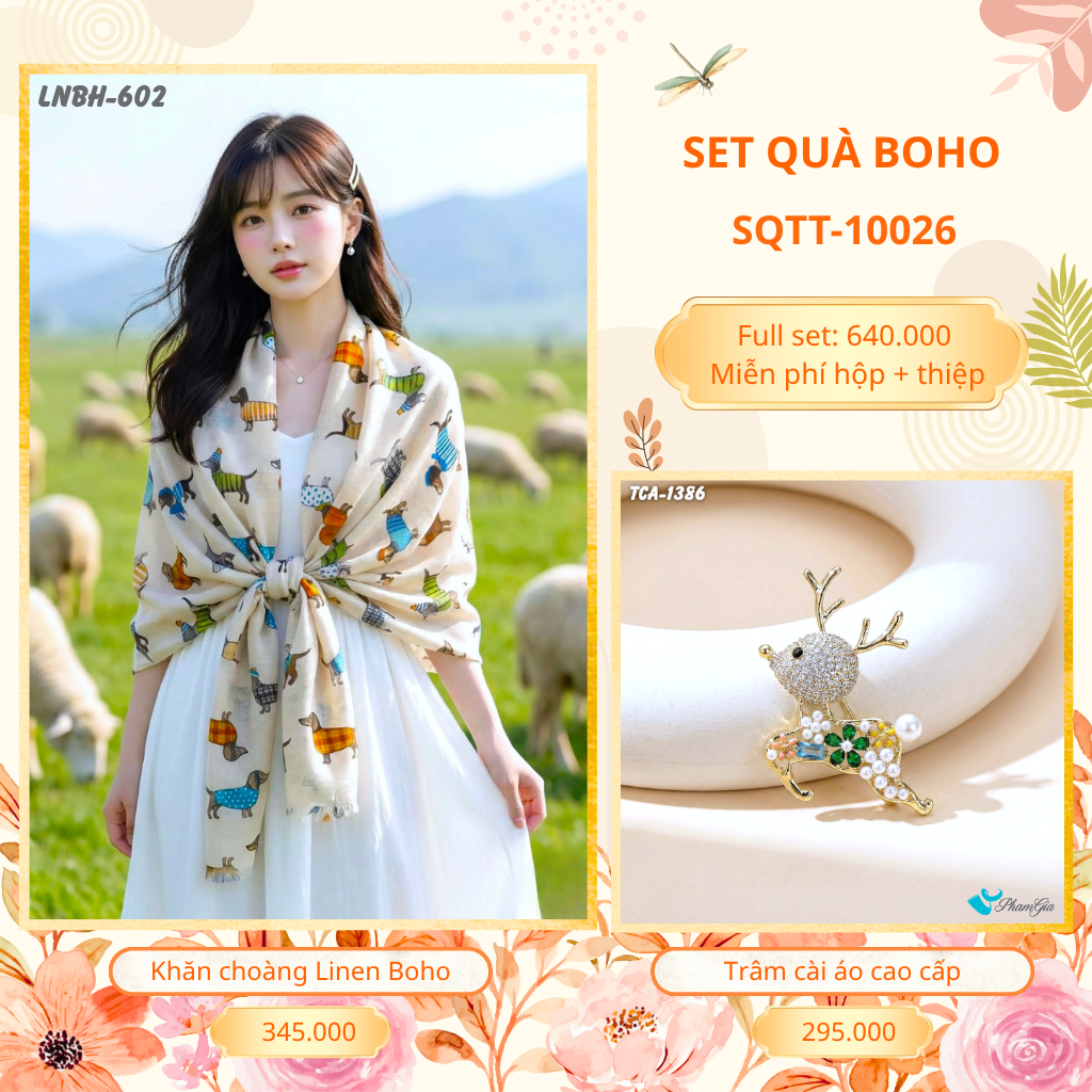 Set Quà Tặng Khăn Choàng Choàng Linen Và Trâm Cài Áo Boho (SQTT10026)