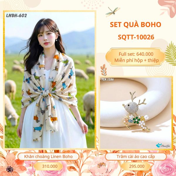 Set Quà Tặng Khăn Choàng Choàng Linen Và Trâm Cài Áo Boho (SQTT10026)