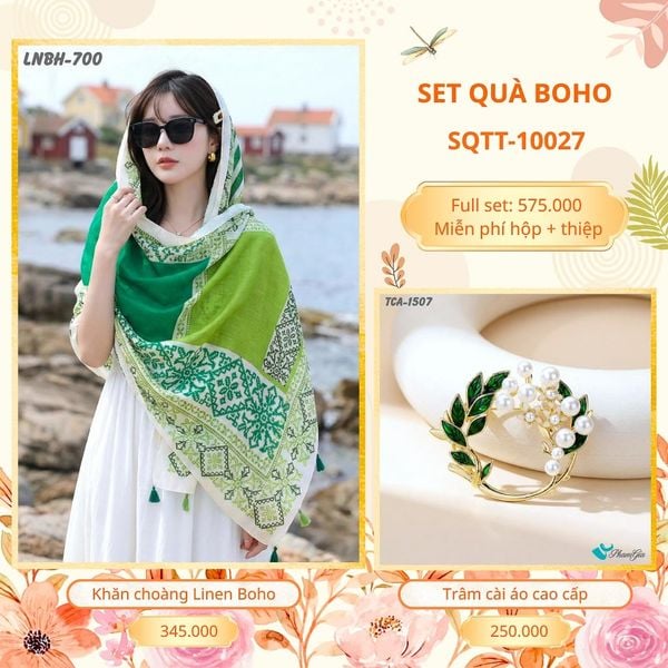 Set Quà Tặng Khăn Choàng Choàng Linen Và Trâm Cài Áo Boho (SQTT10027)