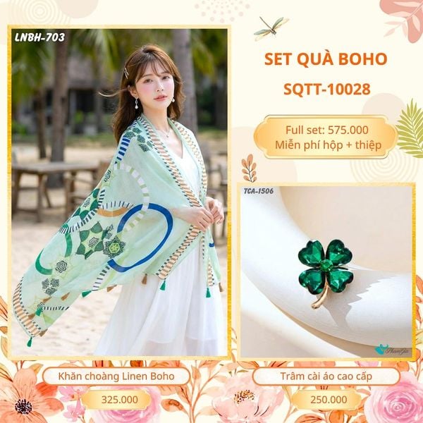 Set Quà Tặng Khăn Choàng Choàng Linen Và Trâm Cài Áo Boho (SQTT10028)