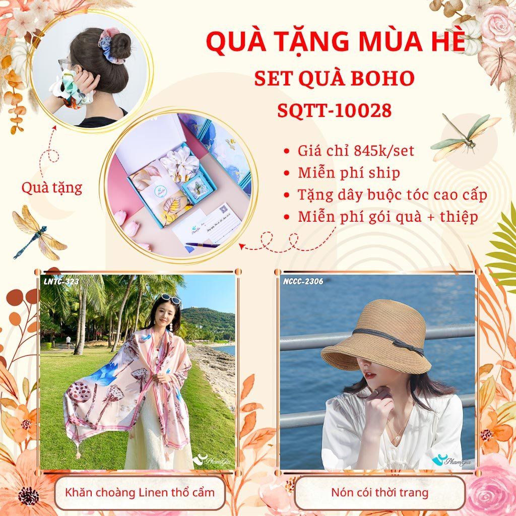 Quà Tặng Mùa Hè - Set Quà Tặng Khăn Choàng Linen Thổ Cẩm Và Nón Cói Phong Cách Boho (SQTT10028)