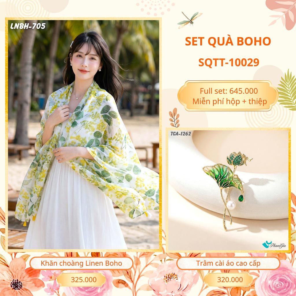 Set Quà Tặng Khăn Choàng Choàng Linen Và Trâm Cài Áo Boho (SQTT10029)