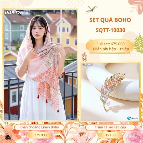 Set Quà Tặng Khăn Choàng Choàng Linen Và Trâm Cài Áo Boho (SQTT10030)