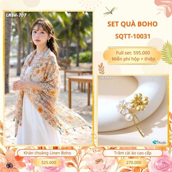 Set Quà Tặng Khăn Choàng Choàng Linen Và Trâm Cài Áo Boho (SQTT10031)