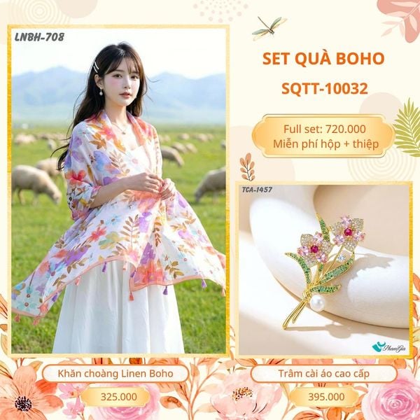 Set Quà Tặng Khăn Choàng Choàng Linen Và Trâm Cài Áo Boho (SQTT10032)