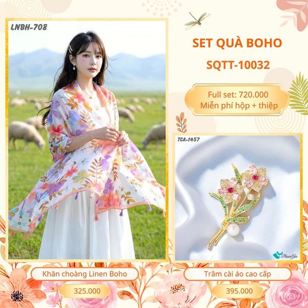 Set Quà Tặng Khăn Choàng Choàng Linen Và Trâm Cài Áo Boho (SQTT10032)