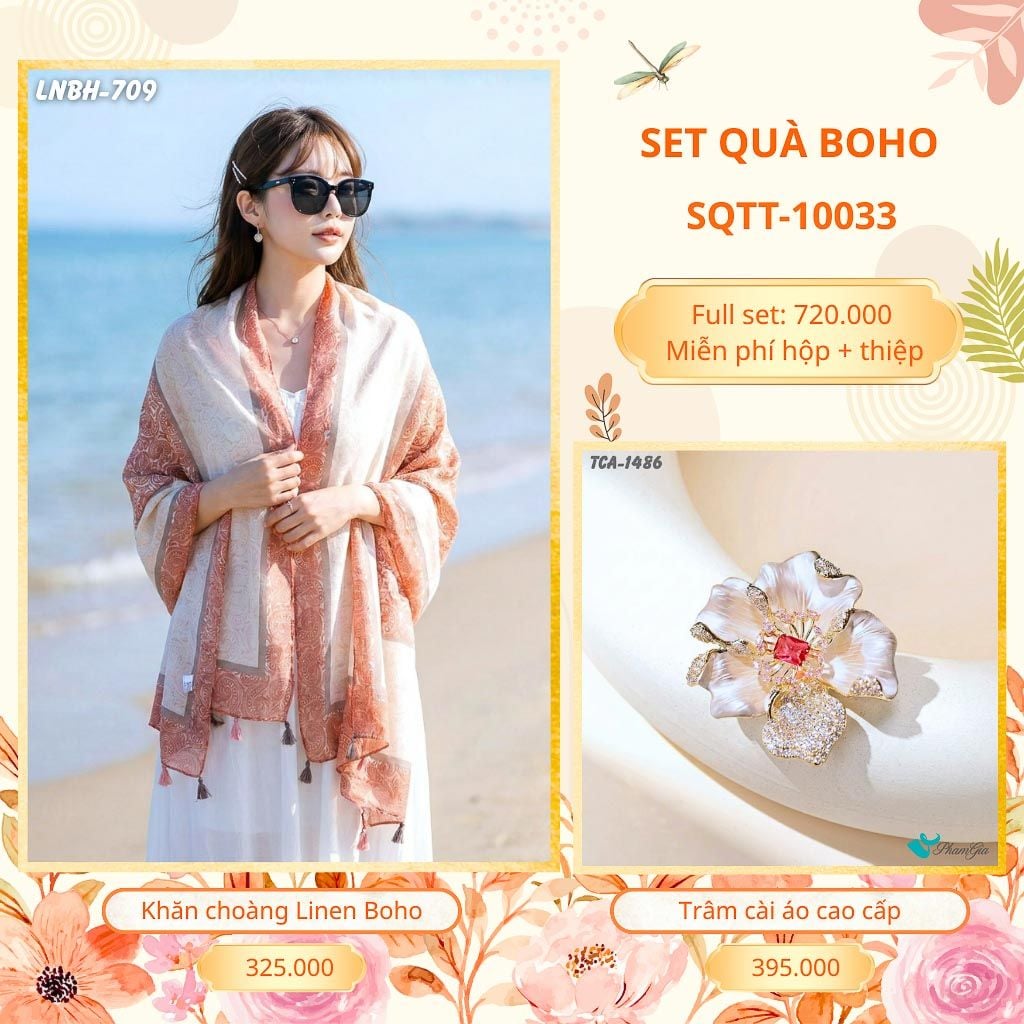Set Quà Tặng Khăn Choàng Choàng Linen Và Trâm Cài Áo Boho (SQTT10033)