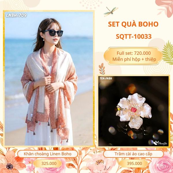 Set Quà Tặng Khăn Choàng Choàng Linen Và Trâm Cài Áo Boho (SQTT10033)