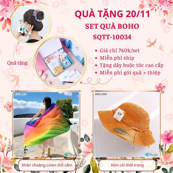 Set Quà Tặng Khăn Choàng Linen Thổ Cẩm Và Nón Cói Phong Cách Boho (SQTT10034)