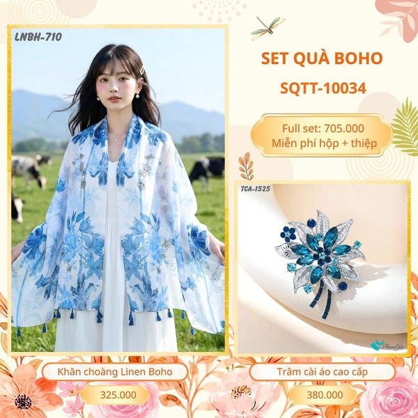 Set Quà Tặng Khăn Choàng Choàng Linen Và Trâm Cài Áo Boho (SQTT10034)