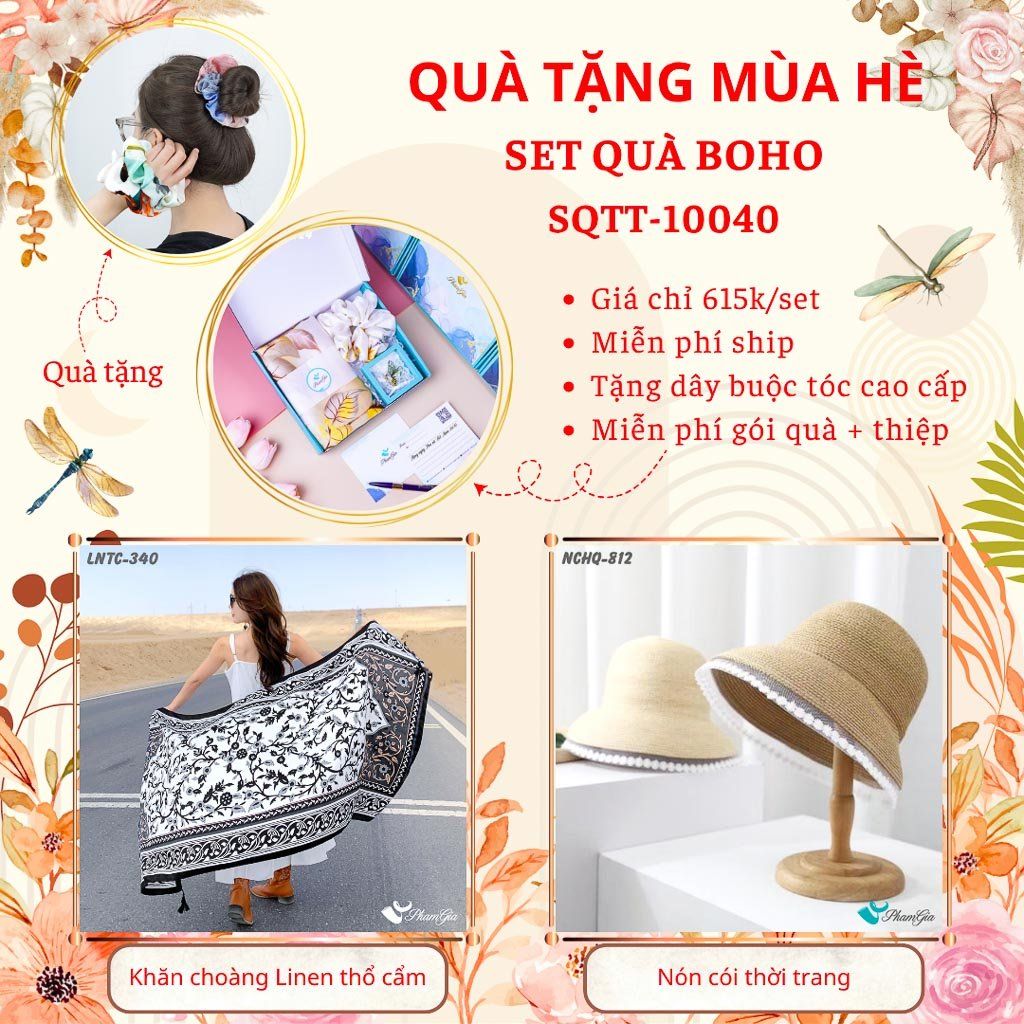 Quà Tặng Mùa Hè - Set Quà Tặng Khăn Choàng Linen Thổ Cẩm Và Nón Cói Phong Cách Boho (SQTT10040)