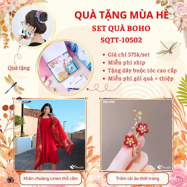 Quà Tặng Mùa Hè - Set Quà Tặng Khăn Choàng Linen Thổ Cẩm Và Ghim Cài Áo Phong Cách Boho (SQTT10502)