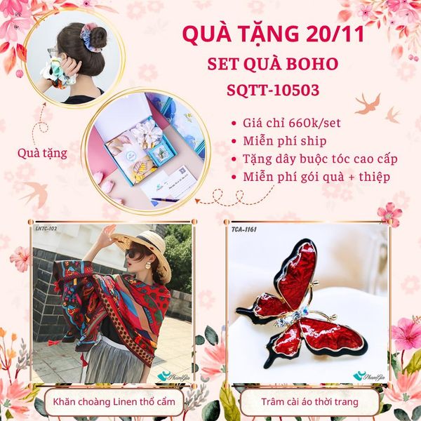 Set Quà Tặng Khăn Choàng Linen Thổ Cẩm Và Ghim Cài Áo Phong Cách Boho (SQTT10503)