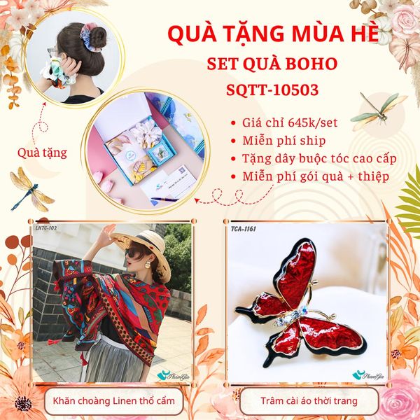 Quà Tặng Mùa Hè - Set Quà Tặng Khăn Choàng Linen Thổ Cẩm Và Ghim Cài Áo Phong Cách Boho (SQTT10503)
