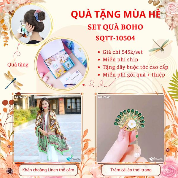 Quà Tặng Mùa Hè - Set Quà Tặng Khăn Choàng Linen Thổ Cẩm Và Ghim Cài Áo Phong Cách Boho (SQTT10504)