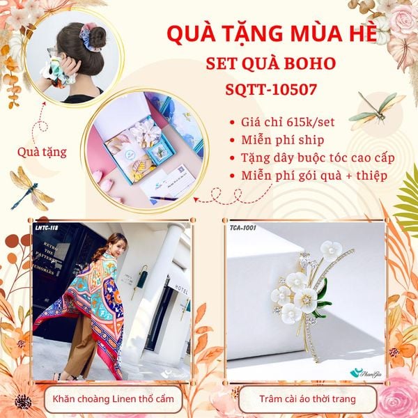Quà Tặng Mùa Hè - Set Quà Tặng Khăn Choàng Linen Thổ Cẩm Và Ghim Cài Áo Phong Cách Boho (SQTT10507)