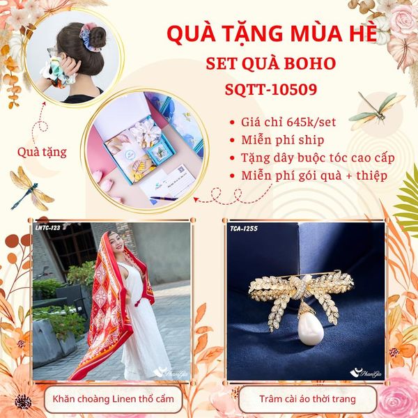 Quà Tặng Mùa Hè - Set Quà Tặng Khăn Choàng Linen Thổ Cẩm Và Ghim Cài Áo Phong Cách Boho (SQTT10509)