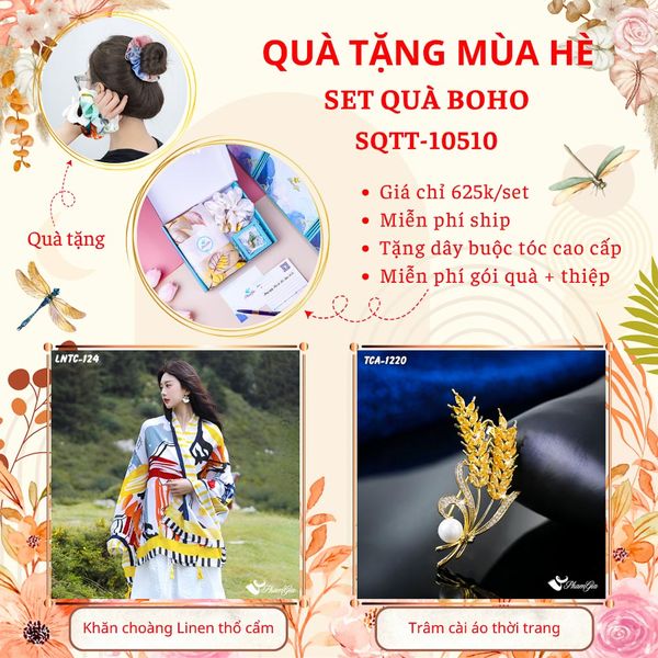 Quà Tặng Mùa Hè - Set Quà Tặng Khăn Choàng Linen Thổ Cẩm Và Ghim Cài Áo Phong Cách Boho (SQTT10510)