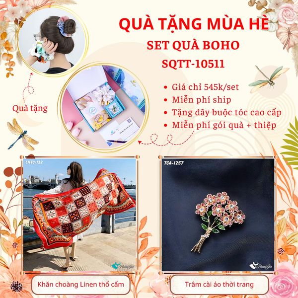 Quà Tặng Mùa Hè - Set Quà Tặng Khăn Choàng Linen Thổ Cẩm Và Ghim Cài Áo Phong Cách Boho (SQTT10511)
