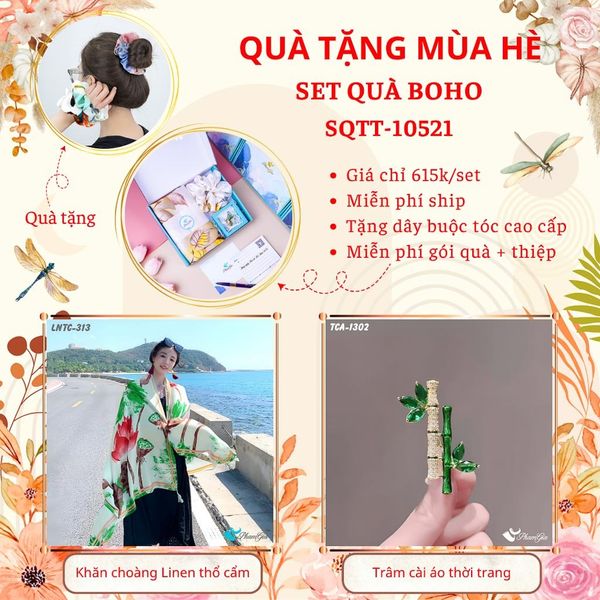 Quà Tặng Mùa Hè - Set Quà Tặng Khăn Choàng Linen Thổ Cẩm Và Ghim Cài Áo Phong Cách Boho (SQTT10521)