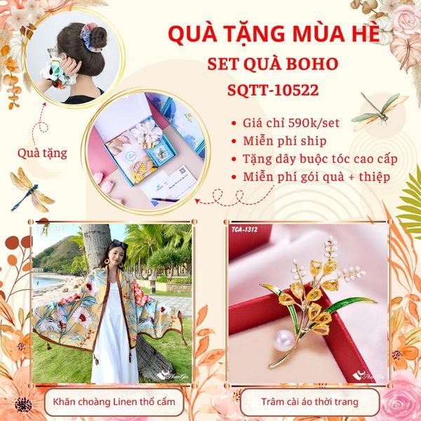 Quà Tặng Mùa Hè - Set Quà Tặng Khăn Choàng Linen Thổ Cẩm Và Ghim Cài Áo Phong Cách Boho (SQTT10522)