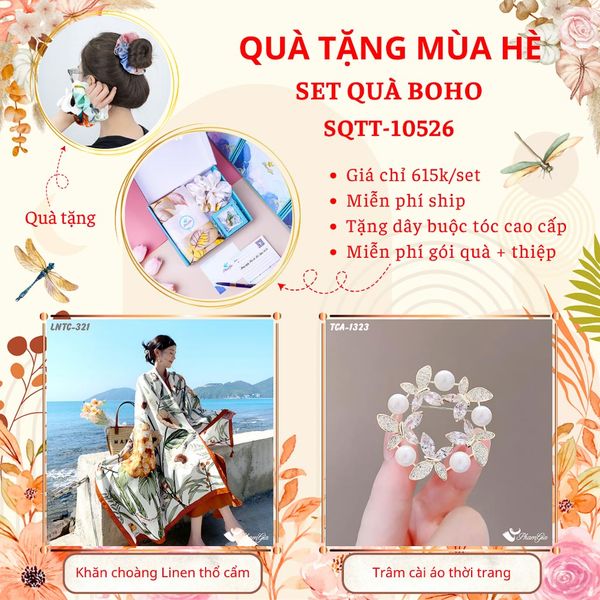 Quà Tặng Mùa Hè - Set Quà Tặng Khăn Choàng Linen Thổ Cẩm Và Ghim Cài Áo Phong Cách Boho (SQTT10526)