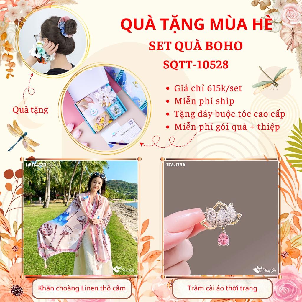 Quà Tặng Mùa Hè - Set Quà Tặng Khăn Choàng Linen Thổ Cẩm Và Ghim Cài Áo Phong Cách Boho (SQTT10528)