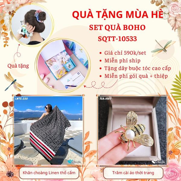 Quà Tặng Mùa Hè - Set Quà Tặng Khăn Choàng Linen Thổ Cẩm Và Ghim Cài Áo Phong Cách Boho (SQTT10533)
