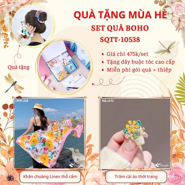 Quà Tặng Mùa Hè - Set Quà Tặng Khăn Choàng Linen Thổ Cẩm Và Ghim Cài Áo Phong Cách Boho (SQTT10538)