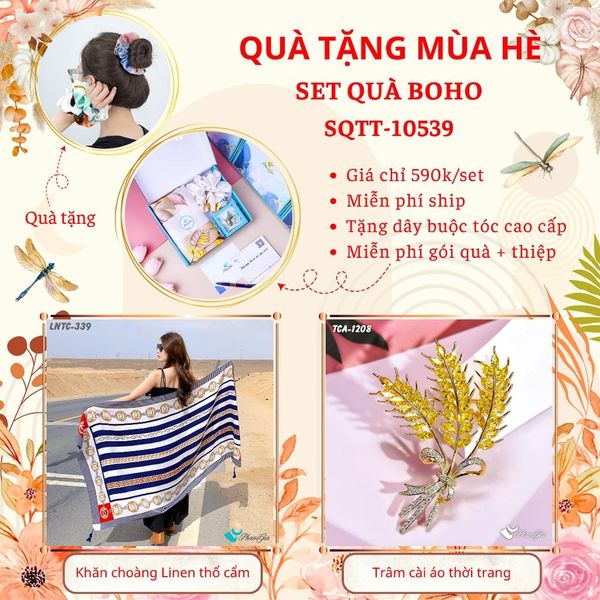 Quà Tặng Mùa Hè - Set Quà Tặng Khăn Choàng Linen Thổ Cẩm Và Ghim Cài Áo Phong Cách Boho (SQTT10539)